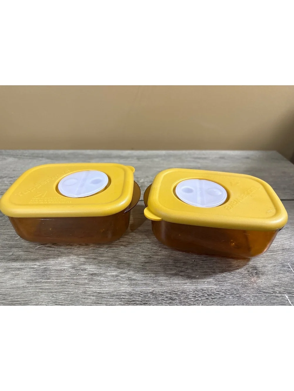 Vintage Tupperware Amber Storage Containers with Yellow Lids - Set of 2